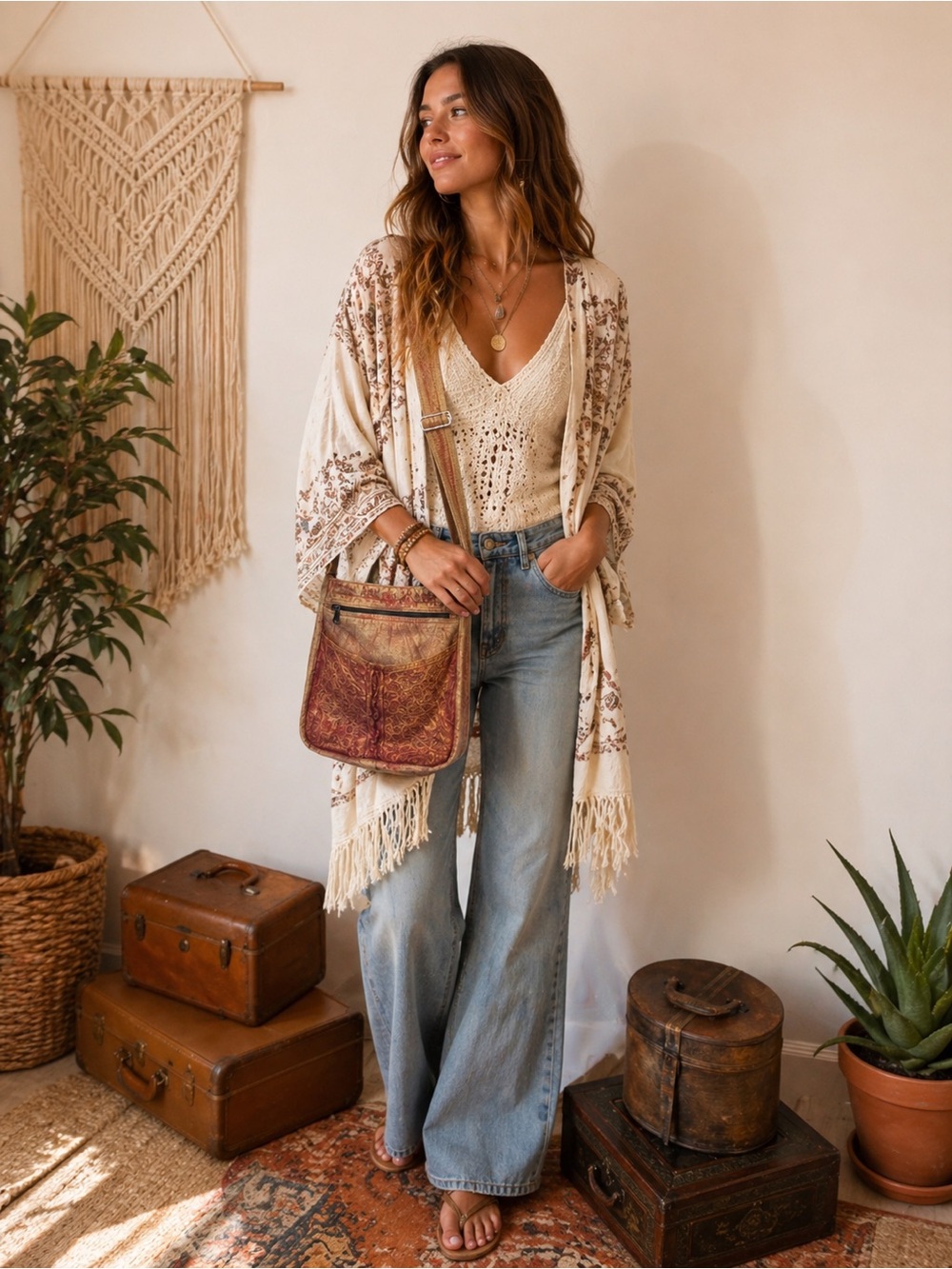 Flying High Boho Distressed Canvas Crossbody Bag in Rustic Brown